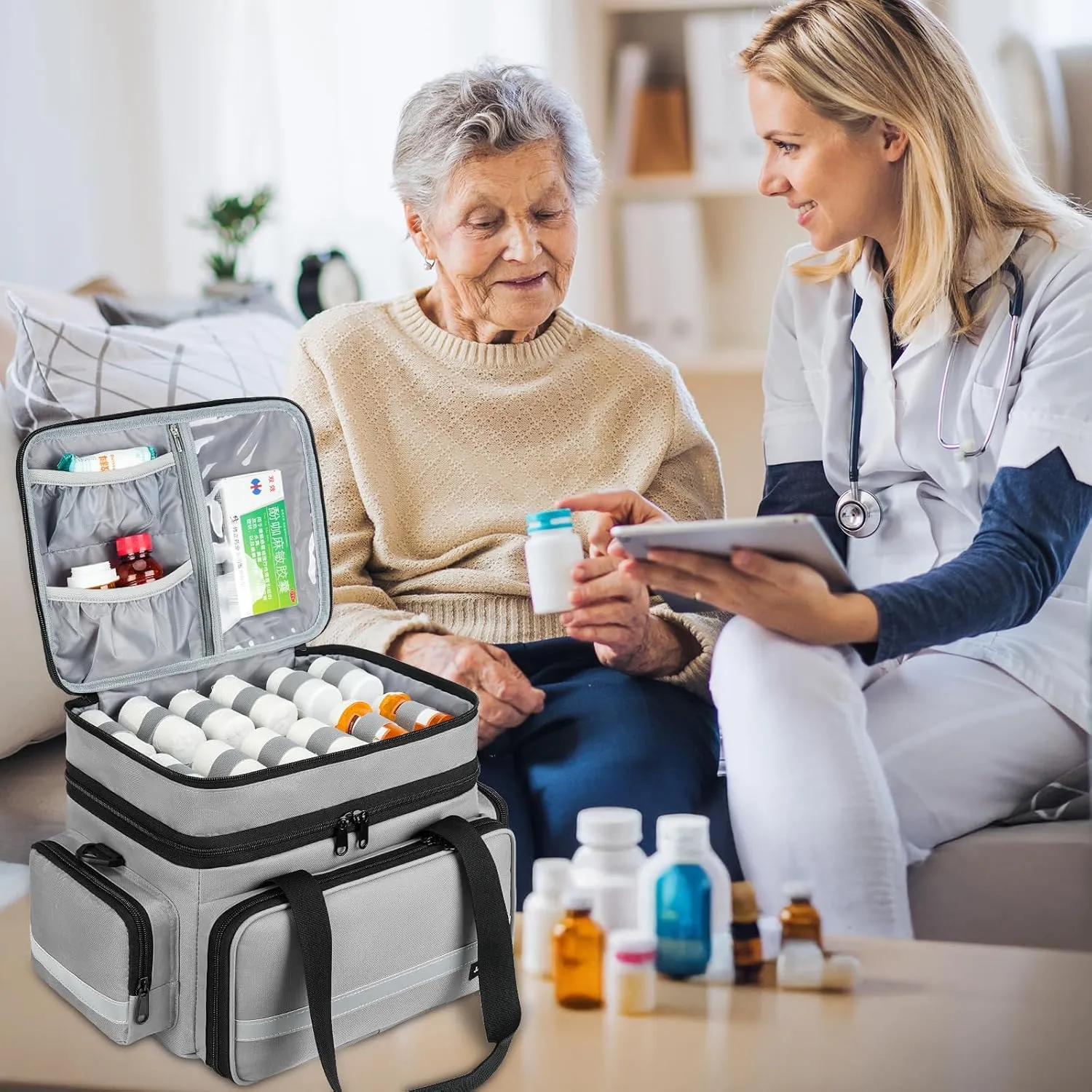 Pill Bottle Organizer, Double Layers Medicine Storage Bag with Lockable Zippers and Shoulder Strap,Medication Travel Bag for Prescription Bottles, Vitamins & Medical Supplies, Gray (Bag Only)