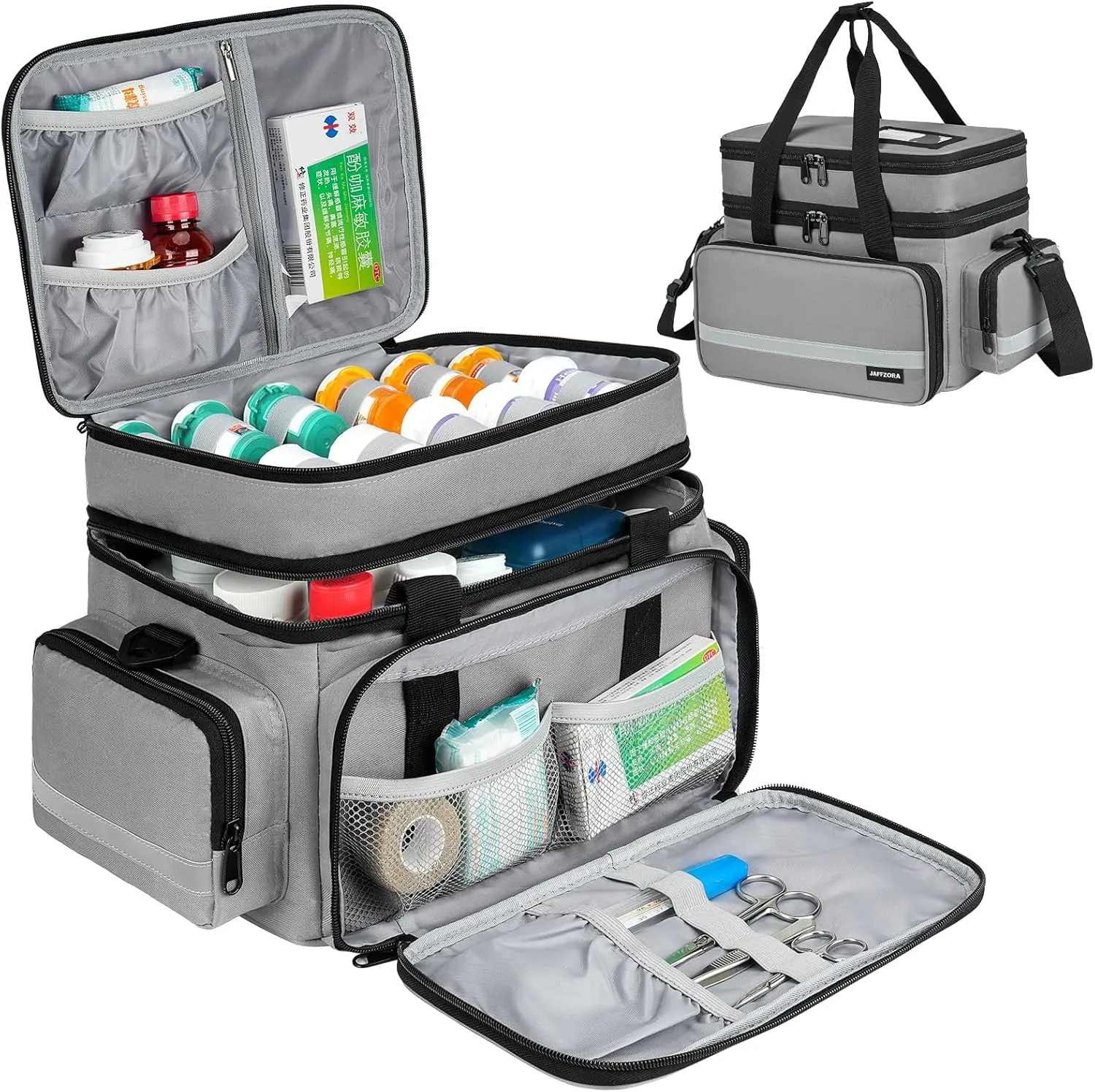 Pill Bottle Organizer, Double Layers Medicine Storage Bag with Lockable Zippers and Shoulder Strap,Medication Travel Bag for Prescription Bottles, Vitamins & Medical Supplies, Gray (Bag Only)
