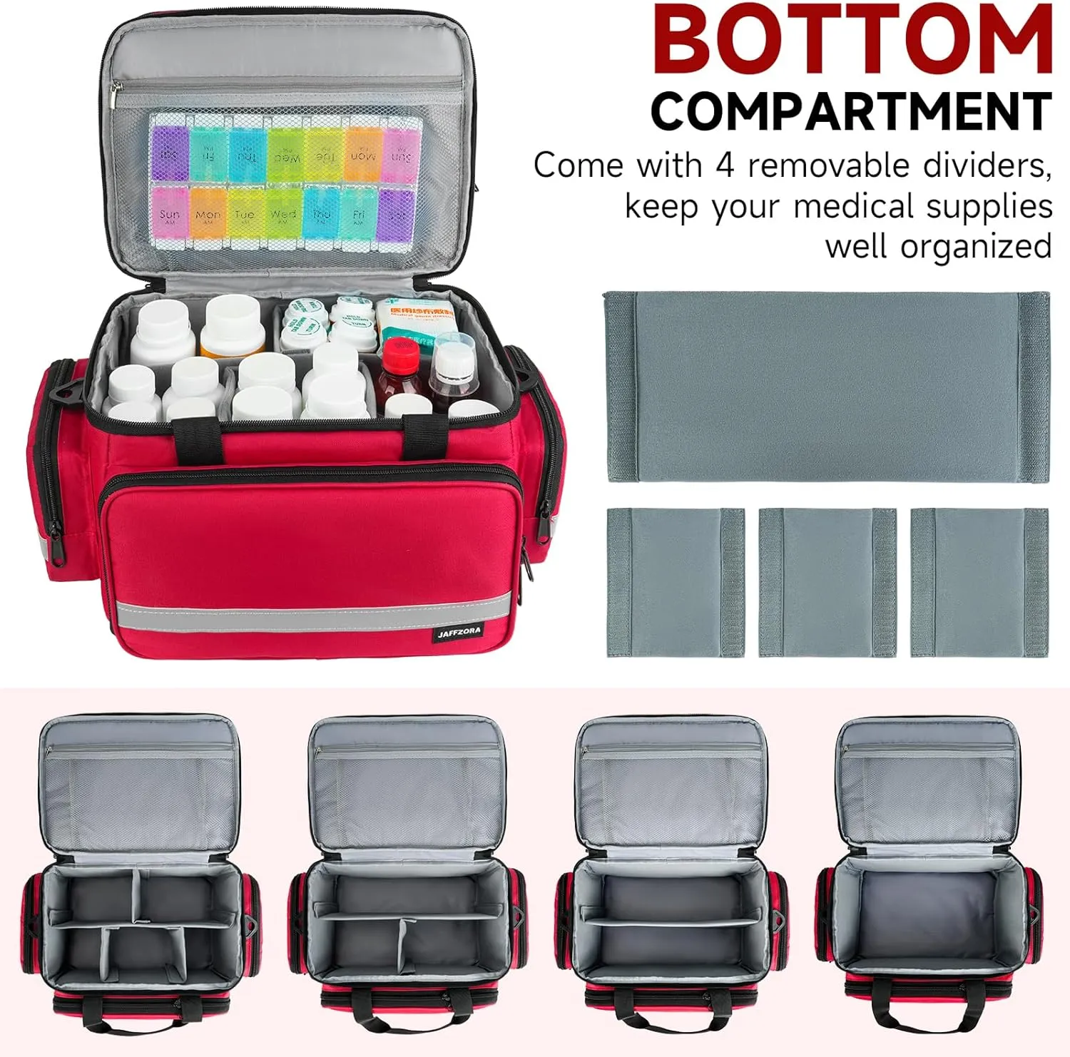 Pill Bottle Organizer, Double Layers Medicine Storage Bag with Lockable Zippers and Shoulder Strap,Medication Travel Bag for Prescription Bottles, Vitamins & Medical Supplies, Red (Bag Only)