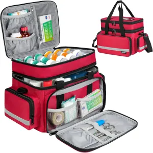 Pill Bottle Organizer, Double Layers Medicine Storage Bag with Lockable Zippers and Shoulder Strap,Medication Travel Bag for Prescription Bottles, Vitamins & Medical Supplies, Red (Bag Only)