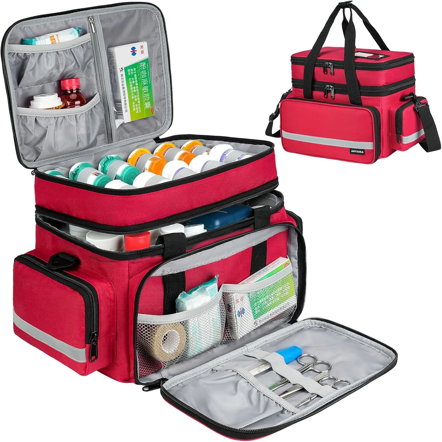 Pill Bottle Organizer, Double Layers Medicine Storage Bag with Lockable Zippers and Shoulder Strap,Medication Travel Bag for Prescription Bottles, Vitamins & Medical Supplies, Red (Bag Only)