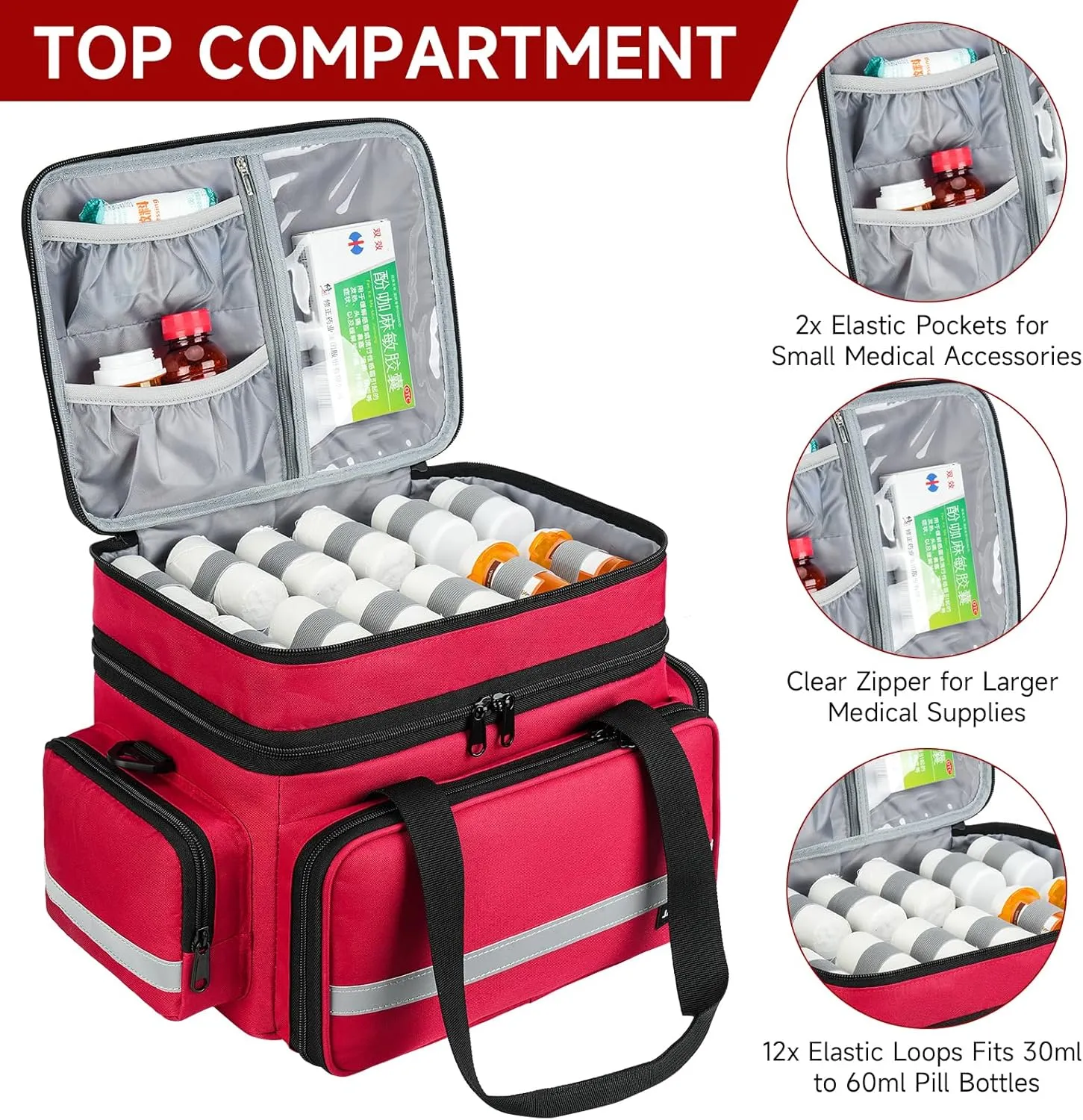 Pill Bottle Organizer, Double Layers Medicine Storage Bag with Lockable Zippers and Shoulder Strap,Medication Travel Bag for Prescription Bottles, Vitamins & Medical Supplies, Red (Bag Only)