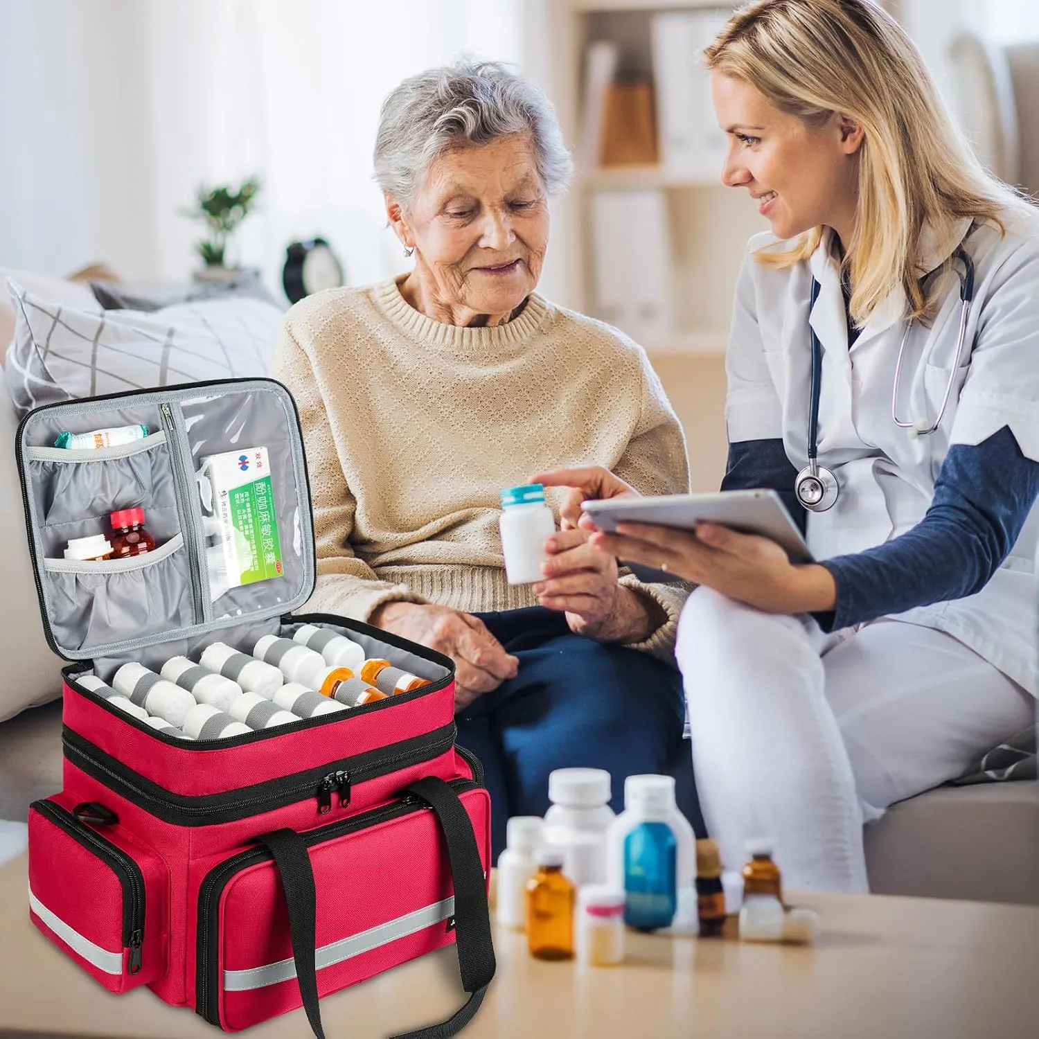 Pill Bottle Organizer, Double Layers Medicine Storage Bag with Lockable Zippers and Shoulder Strap,Medication Travel Bag for Prescription Bottles, Vitamins & Medical Supplies, Red (Bag Only)