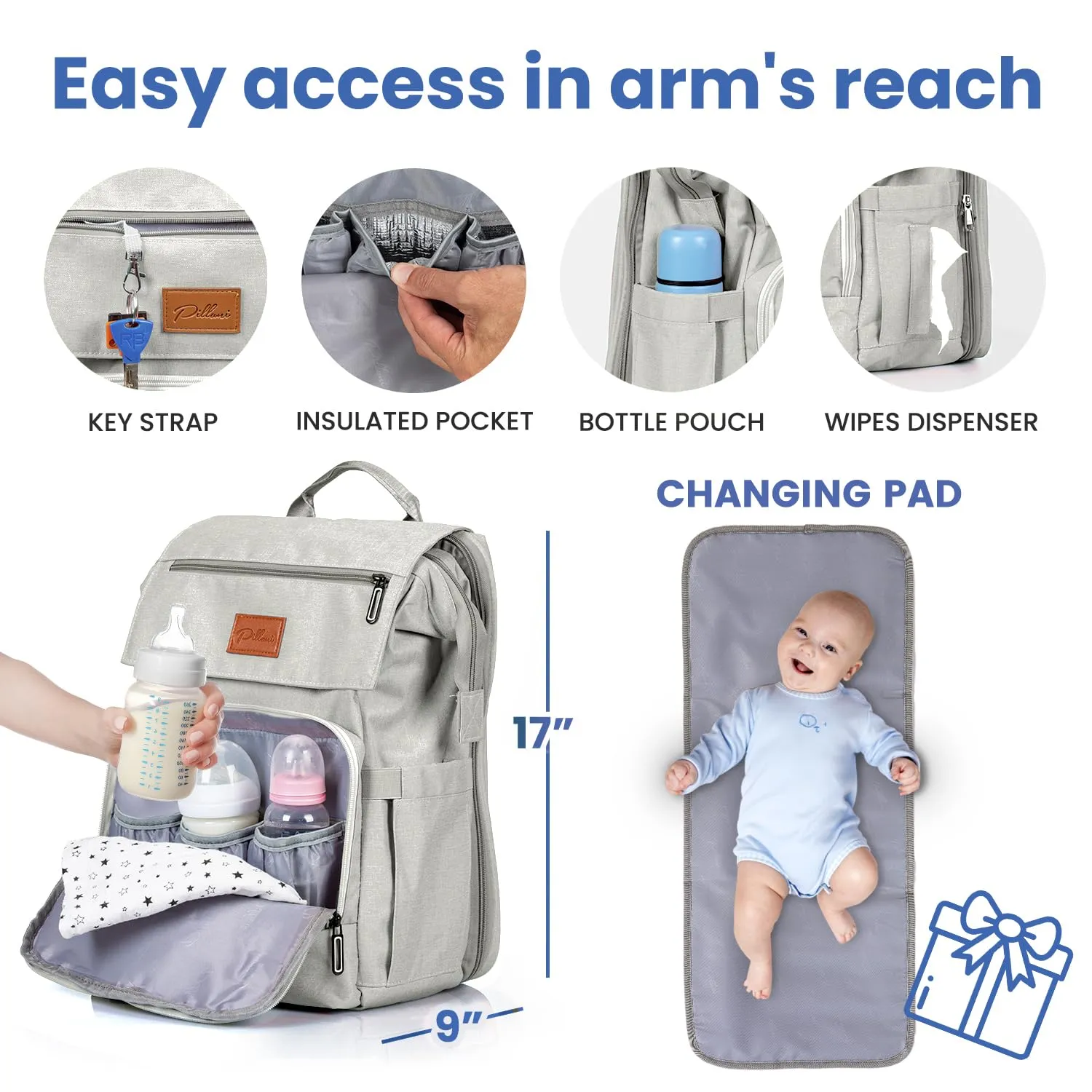 PILLANI Baby Diaper Bag Backpack - Large Bag for Boys & Girls - Diaper Backpack - Travel Diaper Bags with Changing Pad - Baby Registry Search Stuff & Shower Gifts - Newborn Essentials Must Haves Mom