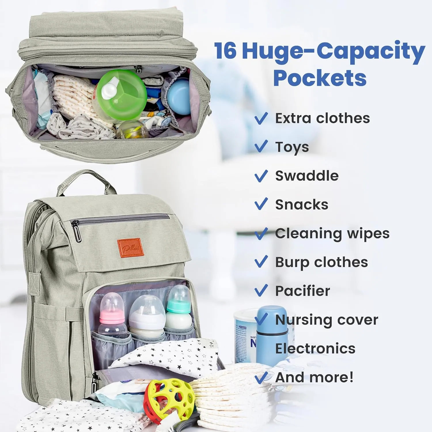 PILLANI Baby Diaper Bag Backpack - Large Bag for Boys & Girls - Diaper Backpack - Travel Diaper Bags with Changing Pad - Baby Registry Search Stuff & Shower Gifts - Newborn Essentials Must Haves Mom