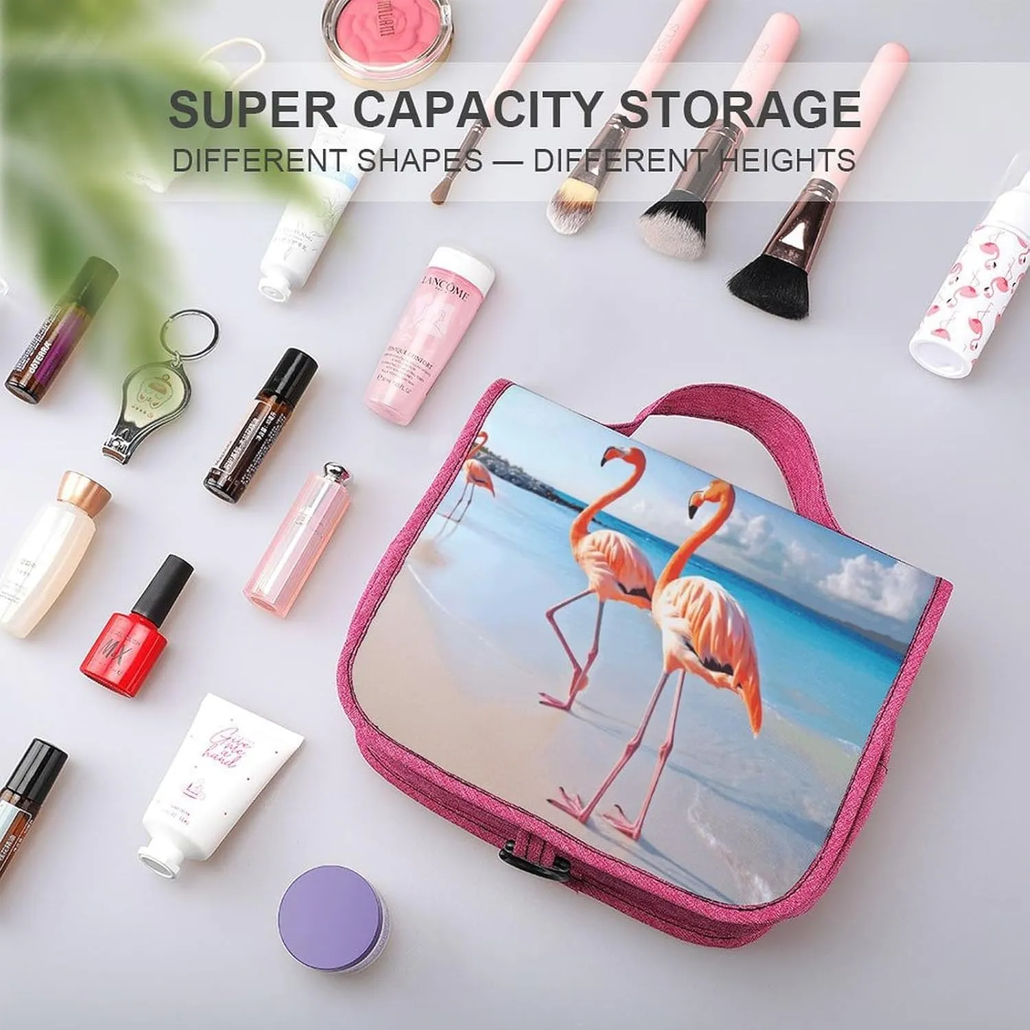 Pink Flamingo on Beach Travel Toiletry Bag for Women,Hanging Toiletry Organizer with Hook, Makeup Bag Travel Organizer for Shampoo,Toiletriesl