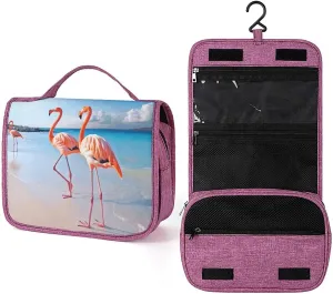 Pink Flamingo on Beach Travel Toiletry Bag for Women,Hanging Toiletry Organizer with Hook, Makeup Bag Travel Organizer for Shampoo,Toiletriesl