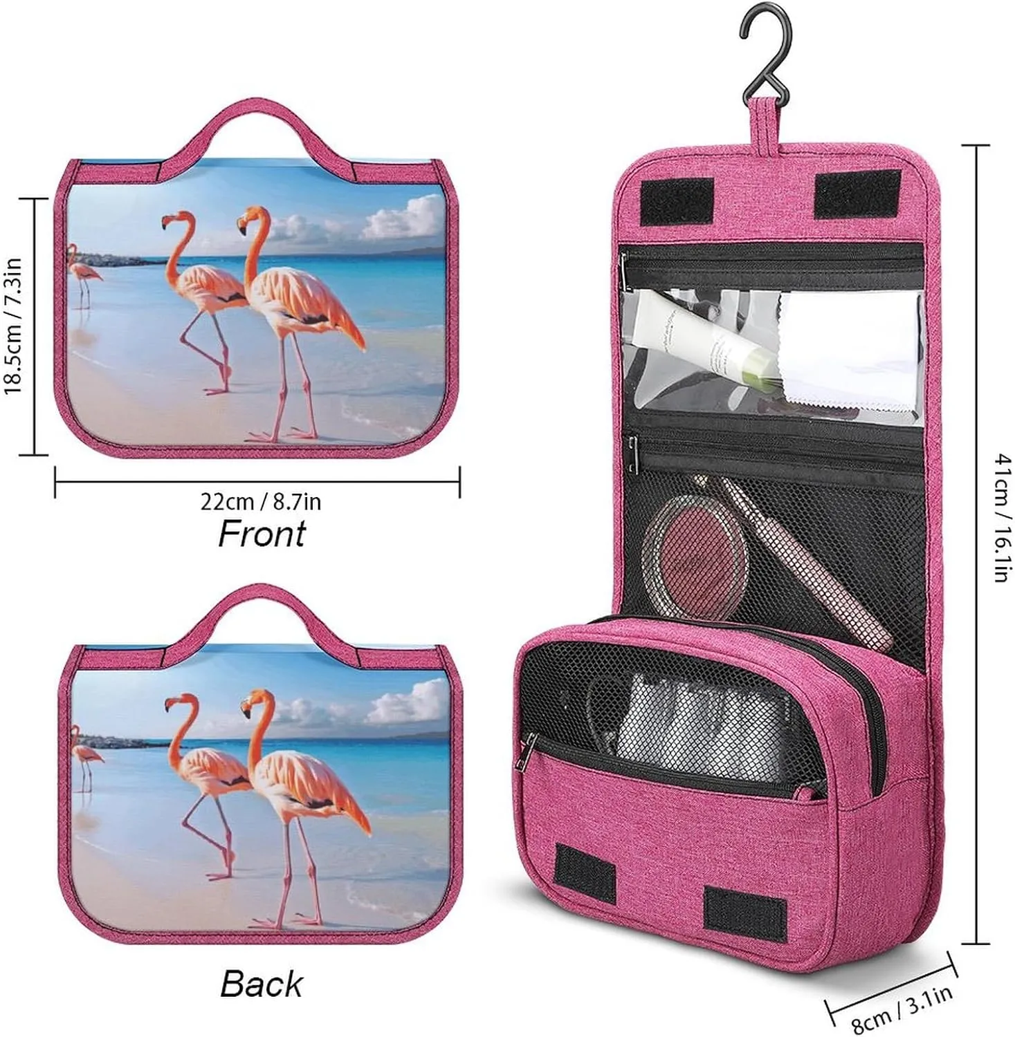 Pink Flamingo on Beach Travel Toiletry Bag for Women,Hanging Toiletry Organizer with Hook, Makeup Bag Travel Organizer for Shampoo,Toiletriesl