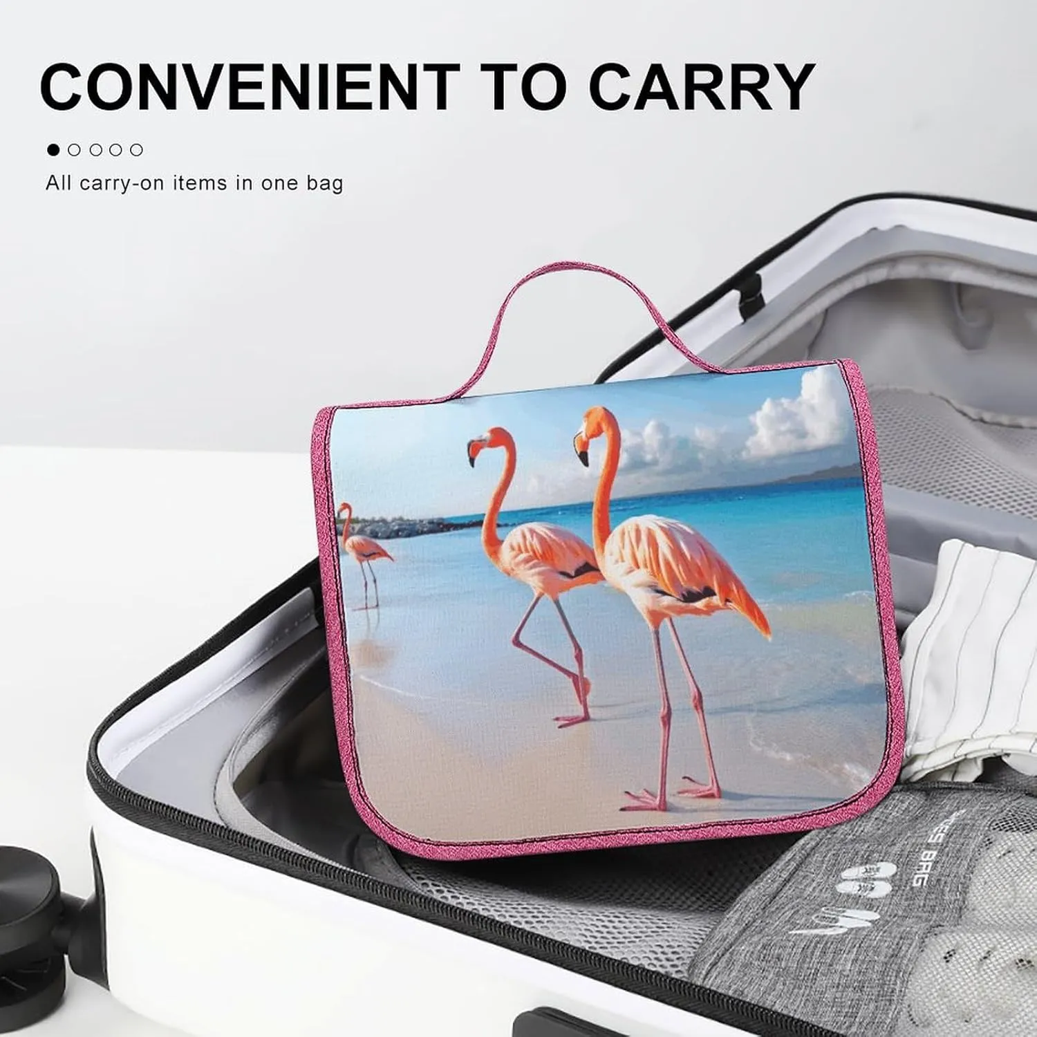 Pink Flamingo on Beach Travel Toiletry Bag for Women,Hanging Toiletry Organizer with Hook, Makeup Bag Travel Organizer for Shampoo,Toiletriesl