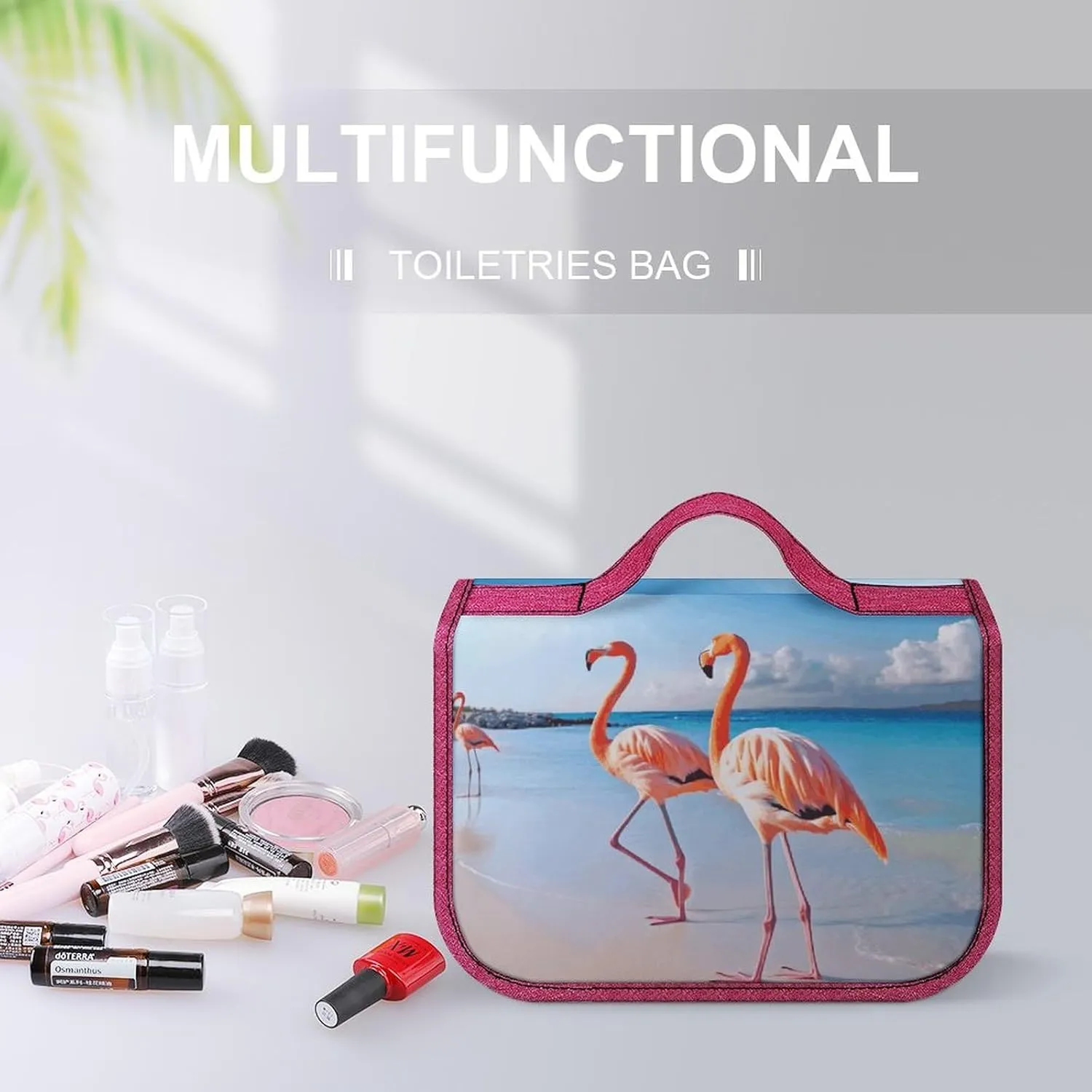 Pink Flamingo on Beach Travel Toiletry Bag for Women,Hanging Toiletry Organizer with Hook, Makeup Bag Travel Organizer for Shampoo,Toiletriesl