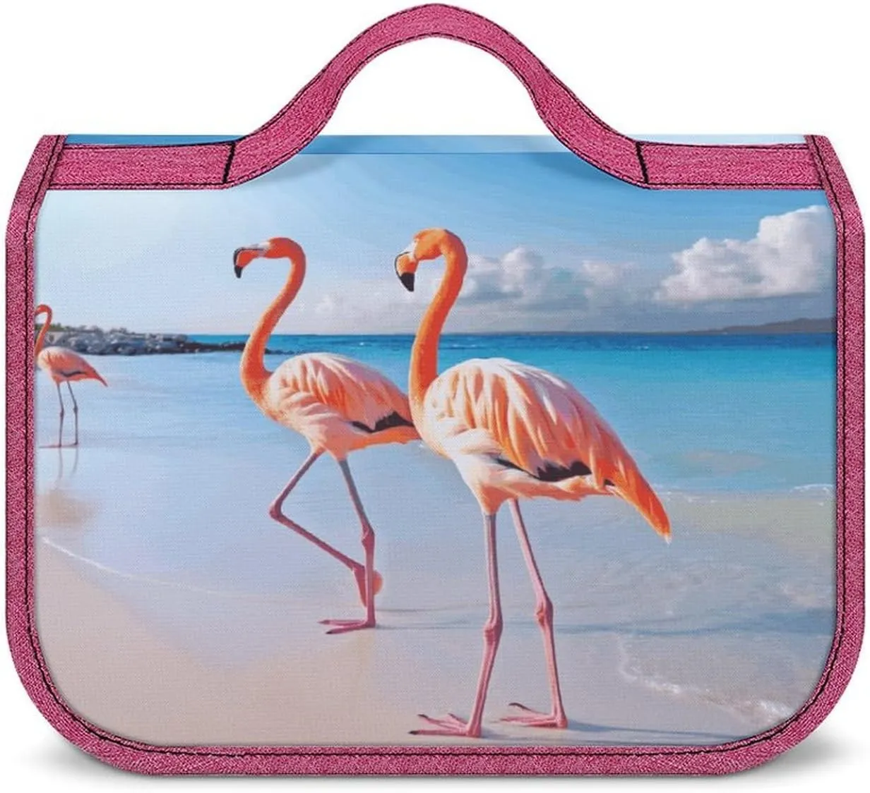 Pink Flamingo on Beach Travel Toiletry Bag for Women,Hanging Toiletry Organizer with Hook, Makeup Bag Travel Organizer for Shampoo,Toiletriesl