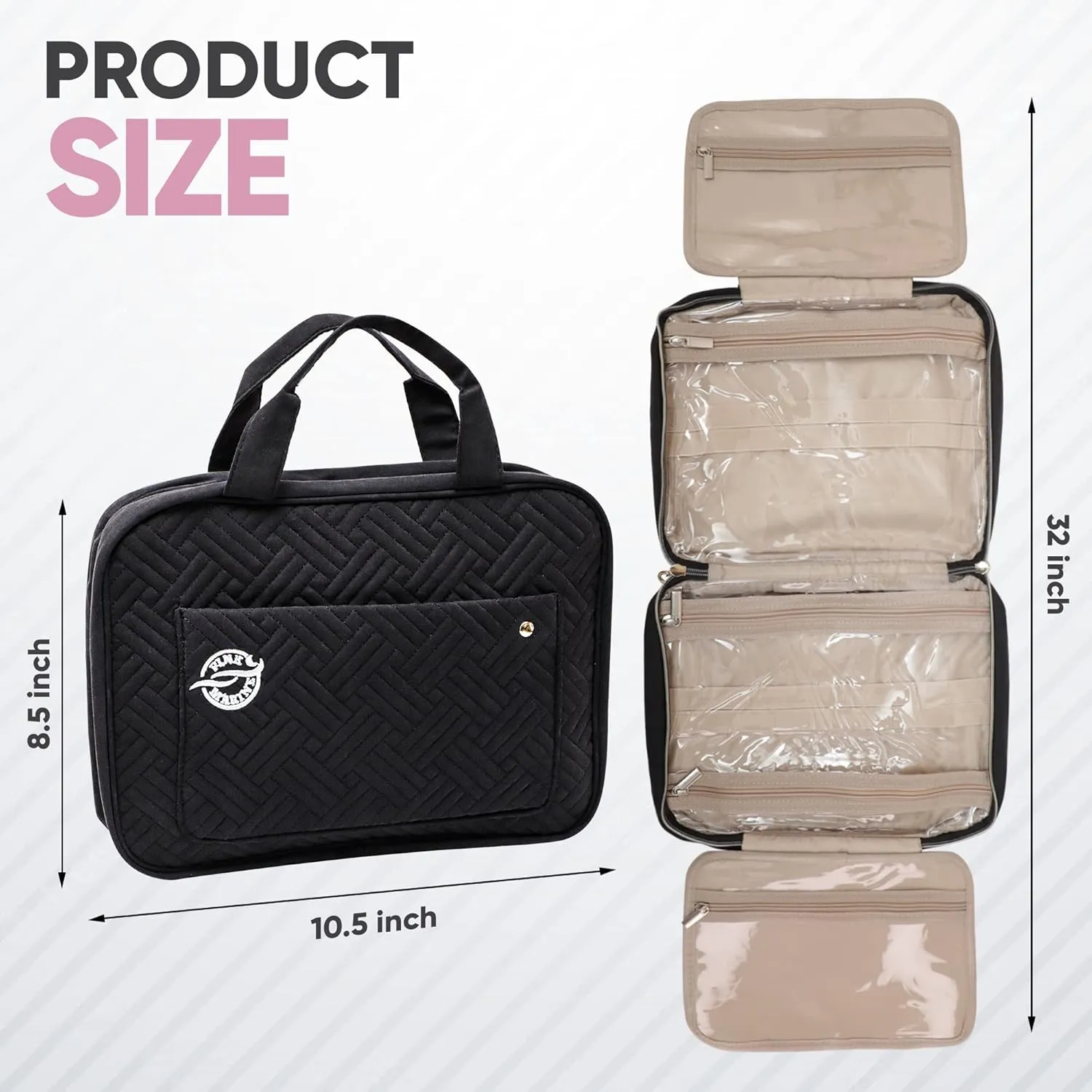 Pink Marine Travel Hanging Toiletry Bag for Women and Men, Luxury Cosmetics and Makeup Organizer with Full-Size Pockets, Waterproof Exterior, Hands-Free Hook, (Black, Medium)