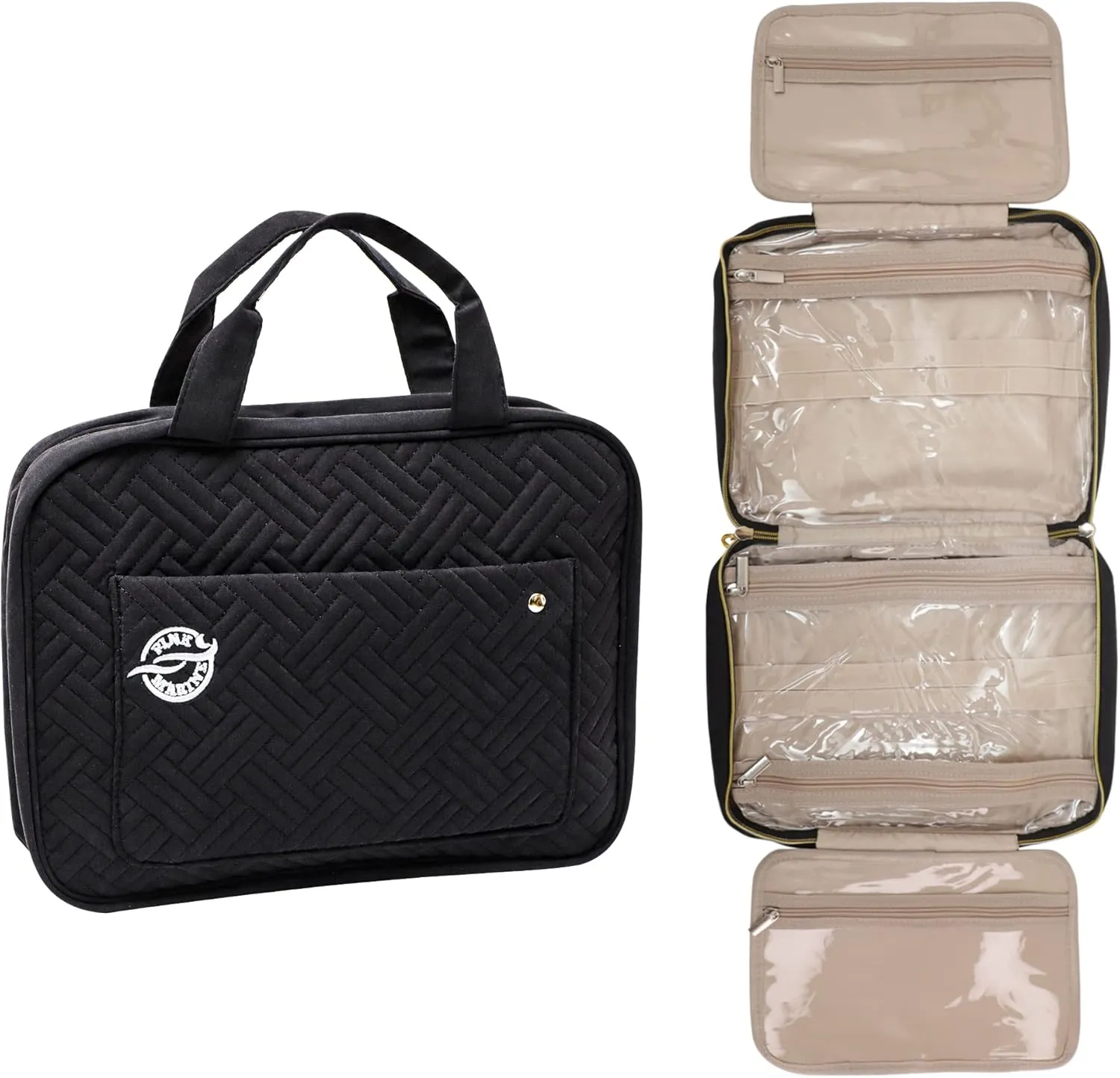 Pink Marine Travel Hanging Toiletry Bag for Women and Men, Luxury Cosmetics and Makeup Organizer with Full-Size Pockets, Waterproof Exterior, Hands-Free Hook, (Black, Medium)