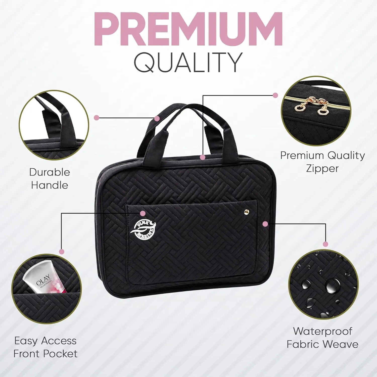Pink Marine Travel Hanging Toiletry Bag for Women and Men, Luxury Cosmetics and Makeup Organizer with Full-Size Pockets, Waterproof Exterior, Hands-Free Hook, (Black, Medium)