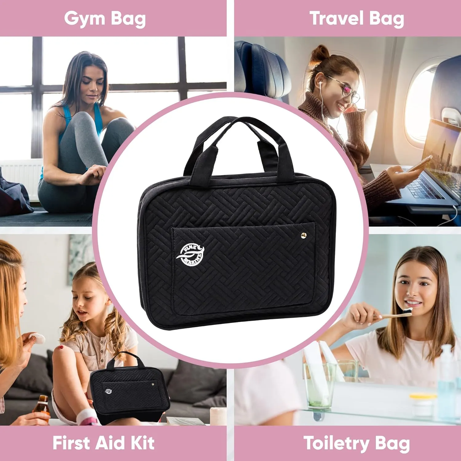 Pink Marine Travel Hanging Toiletry Bag for Women and Men, Luxury Cosmetics and Makeup Organizer with Full-Size Pockets, Waterproof Exterior, Hands-Free Hook, (Black, Medium)