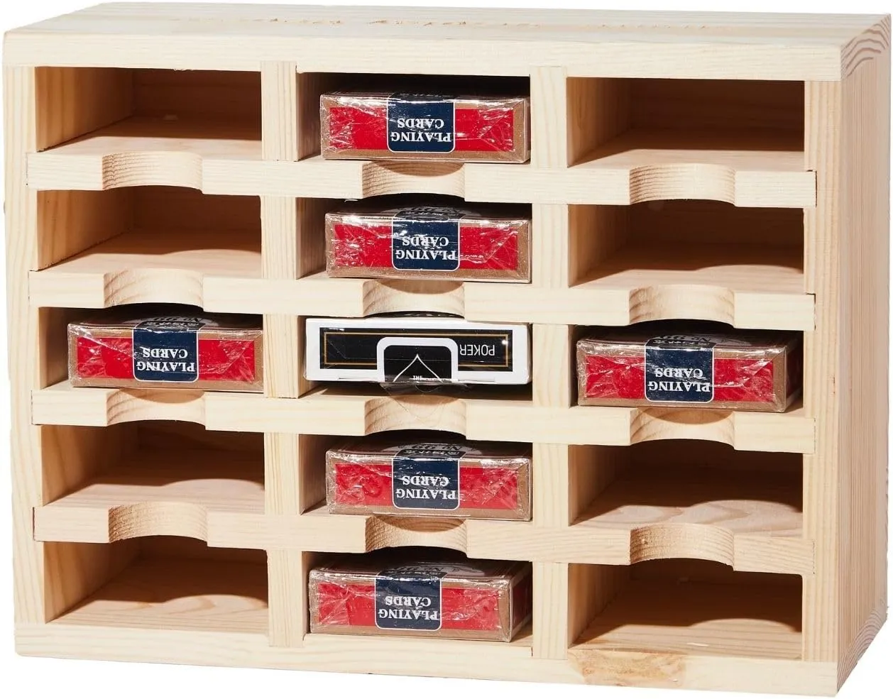 Playing Card Display Wooden 15-Compartment Perfect for Storing Standard Decks, Laser-Cut Sayings, No Assembly