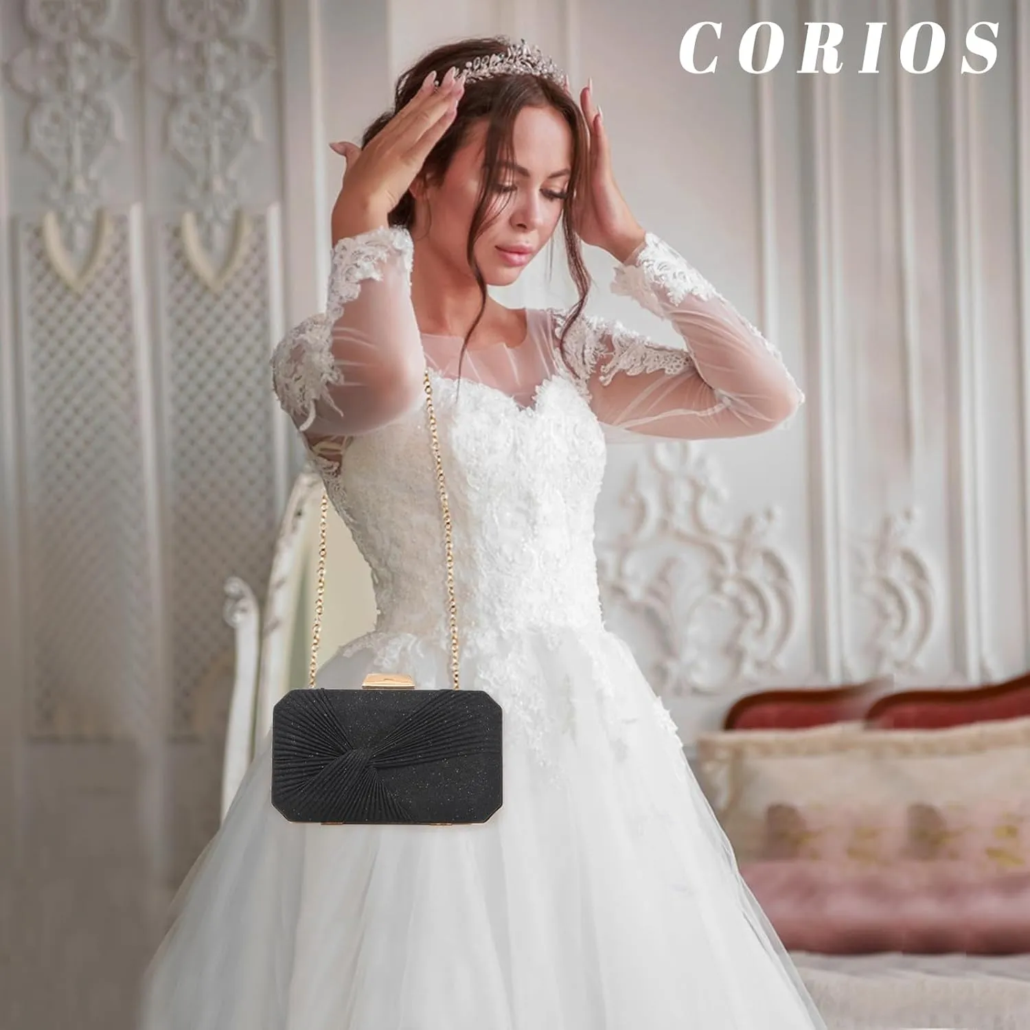 Pleated Evening Bag Sparkly Sequin Clutch Bag for Women Sparkly Handbag Bridal Wedding Purse Elegant Crossbody Bag