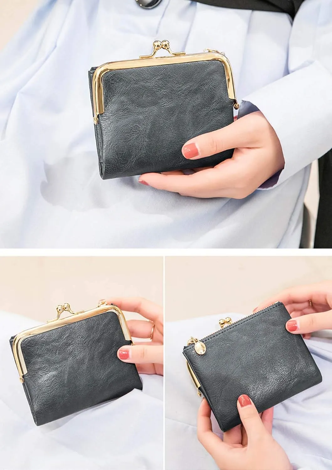 PofeeXIO Womens Wallet RFID Small Compact Bifold Leather Vintage Wallet,Ladies Coin Purse with Zipper and Kiss Lock