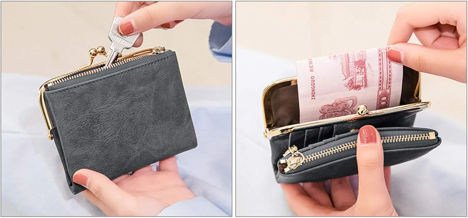 PofeeXIO Womens Wallet RFID Small Compact Bifold Leather Vintage Wallet,Ladies Coin Purse with Zipper and Kiss Lock