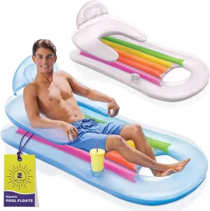 Pool Floats [Set of 2] Inflatable Lounge with Headrest & Cup Holder Inflatable Pool Floats Adult, Pool Float Comes in 2 Fun Colors, Blue & Pearlescent Silver, (60" X 33) Fun Floats for Swimming Pool.