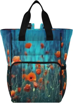 Poppies Meadow Dark Sky Blue Diaper Bag Backpack Lightweight Diaper Bag for New Mom Large Baby Tote with Insulated Pockets for Newborn Baby Girls Boys Stuff Travel