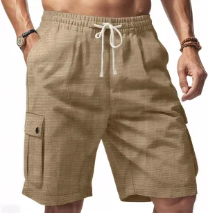 PORCLAY Linen Shorts for Men Solid Color Lightweight Cargo Shorts Elastic Waist Drawstring Beach Pants with Multi Pockets