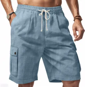 PORCLAY Linen Shorts for Men Solid Color Lightweight Cargo Shorts Elastic Waist Drawstring Beach Pants with Multi Pockets