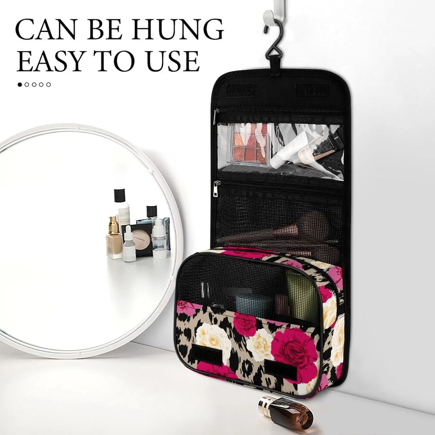 Portable Hanging Toiletry Bag, Large Cosmetic Travel Bag for Women Men, Animal Rose Flowers Cheetah Leopard Print Floral Waterproof Makeup Organizer for Bathroom Shower