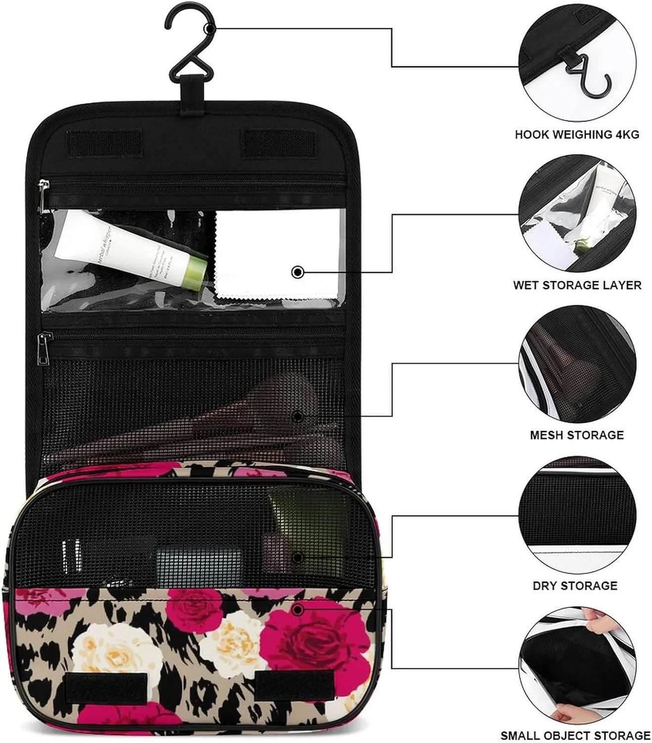 Portable Hanging Toiletry Bag, Large Cosmetic Travel Bag for Women Men, Animal Rose Flowers Cheetah Leopard Print Floral Waterproof Makeup Organizer for Bathroom Shower