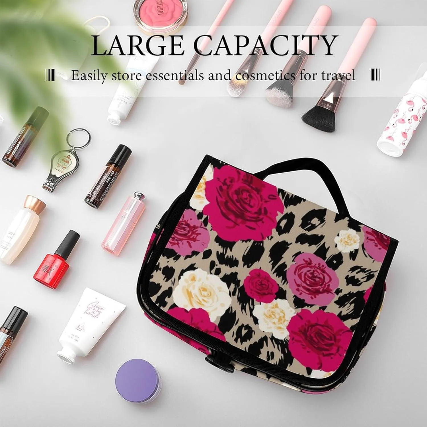 Portable Hanging Toiletry Bag, Large Cosmetic Travel Bag for Women Men, Animal Rose Flowers Cheetah Leopard Print Floral Waterproof Makeup Organizer for Bathroom Shower