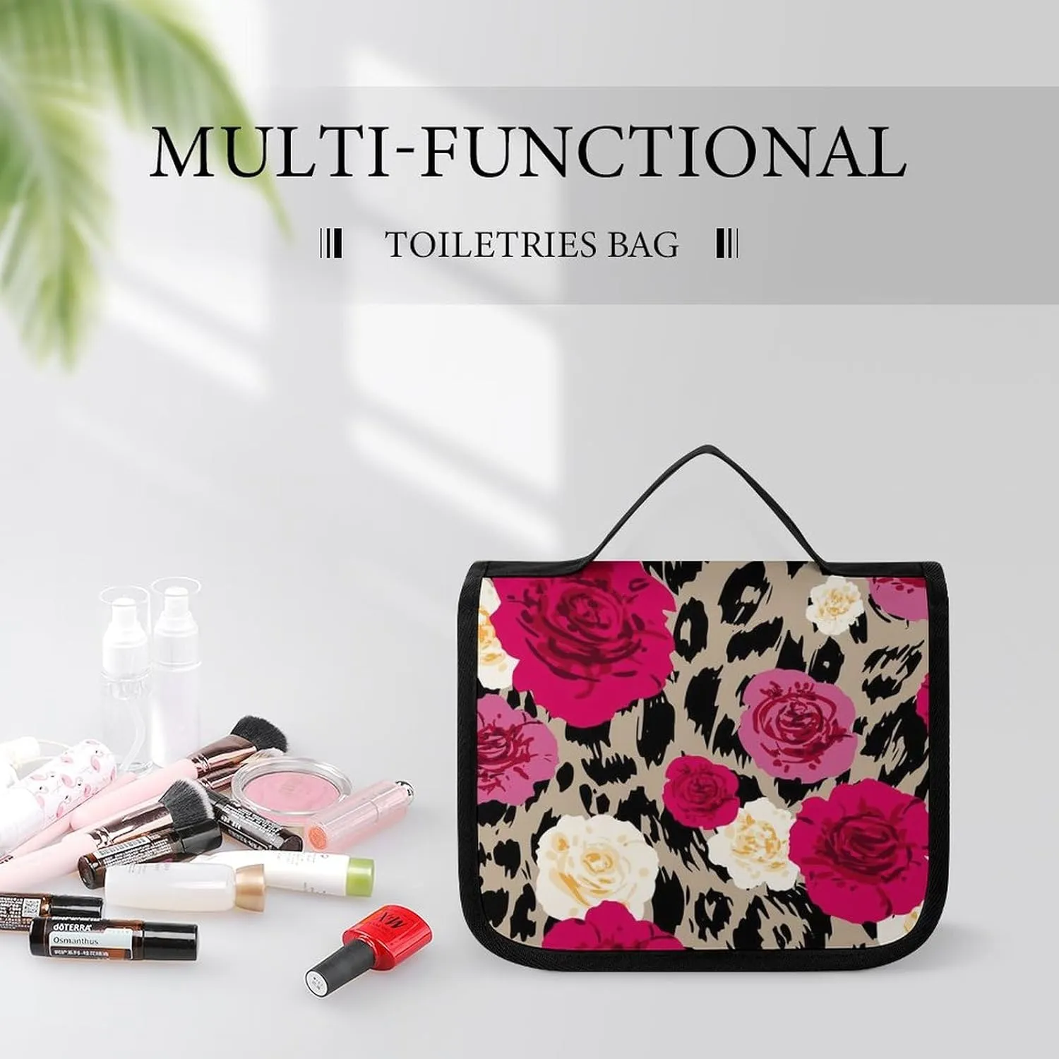 Portable Hanging Toiletry Bag, Large Cosmetic Travel Bag for Women Men, Animal Rose Flowers Cheetah Leopard Print Floral Waterproof Makeup Organizer for Bathroom Shower