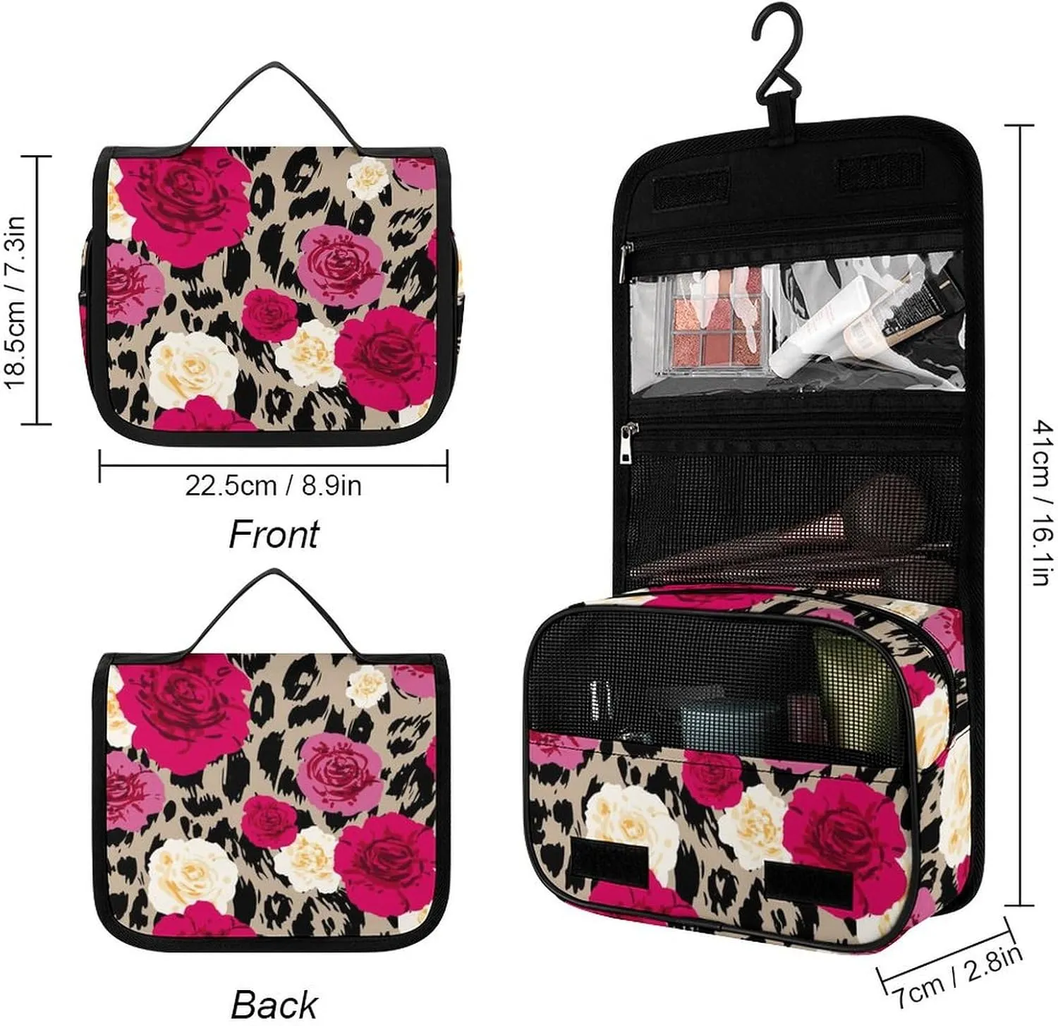 Portable Hanging Toiletry Bag, Large Cosmetic Travel Bag for Women Men, Animal Rose Flowers Cheetah Leopard Print Floral Waterproof Makeup Organizer for Bathroom Shower