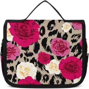 Portable Hanging Toiletry Bag, Large Cosmetic Travel Bag for Women Men, Animal Rose Flowers Cheetah Leopard Print Floral Waterproof Makeup Organizer for Bathroom Shower