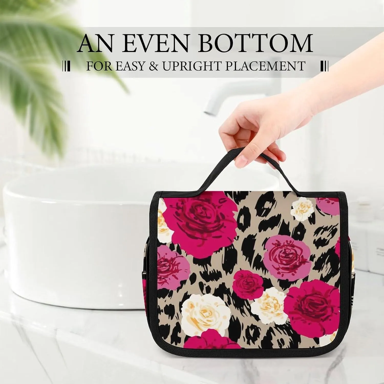 Portable Hanging Toiletry Bag, Large Cosmetic Travel Bag for Women Men, Animal Rose Flowers Cheetah Leopard Print Floral Waterproof Makeup Organizer for Bathroom Shower