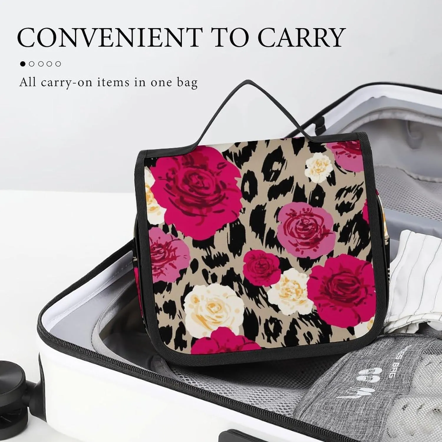 Portable Hanging Toiletry Bag, Large Cosmetic Travel Bag for Women Men, Animal Rose Flowers Cheetah Leopard Print Floral Waterproof Makeup Organizer for Bathroom Shower