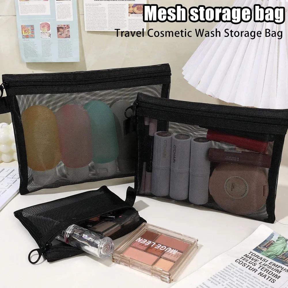 Portable Mesh Makeup Bag – Black Transparent Cosmetic & Toiletry Organizer (Available in 1 or 6 Pieces)