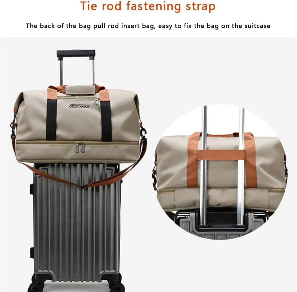 Portable Waterproof Gym Bag, Weekender Travel Bag,With Shoes Compartment (Khaki)