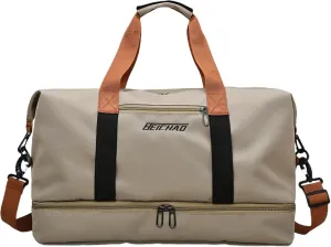 Portable Waterproof Gym Bag, Weekender Travel Bag,With Shoes Compartment (Khaki)