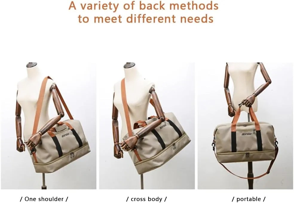 Portable Waterproof Gym Bag, Weekender Travel Bag,With Shoes Compartment (Khaki)