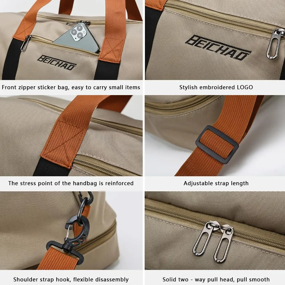 Portable Waterproof Gym Bag, Weekender Travel Bag,With Shoes Compartment (Khaki)