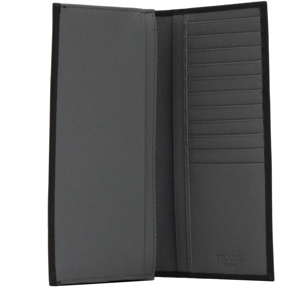 Prada 2MV836 Men's Saffiano Leather Bi-Colour Bifold Long Vertical Wallet with Logo- Black-Mercury