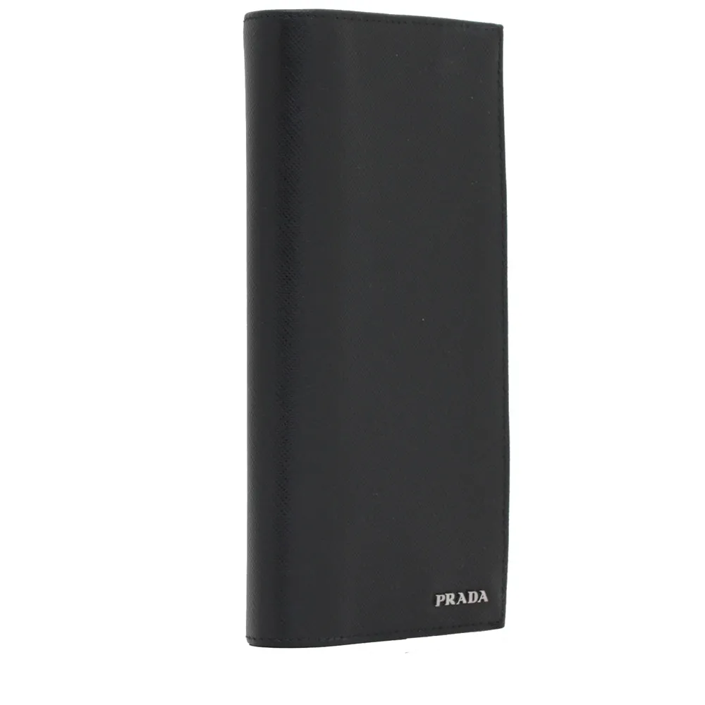 Prada 2MV836 Men's Saffiano Leather Bi-Colour Bifold Long Vertical Wallet with Logo- Black-Mercury
