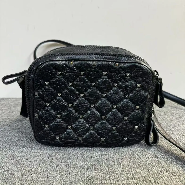 Preloved Valentino Rockstud Black Leather Camera Crossbody Bag