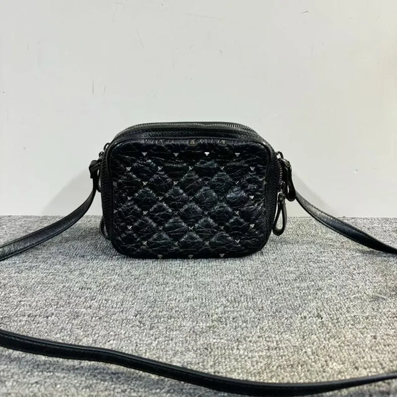 Preloved Valentino Rockstud Black Leather Camera Crossbody Bag