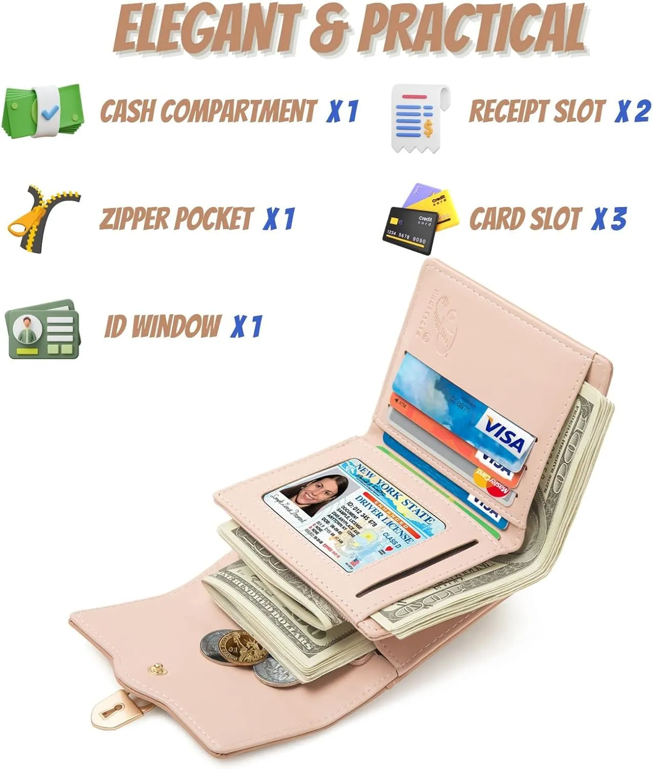 Prettyzys Women's RFID Blocking Trifold Wallet Case - Handmade, Mini Purse with Zipper Pocket - Credit Card Slots, Cash & Coins Compartment, and More - Small Wallet for Ladies, Teenage Girls - Pink