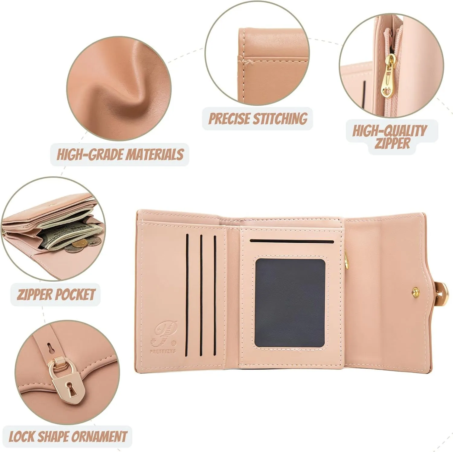 Prettyzys Women's RFID Blocking Trifold Wallet Case - Handmade, Mini Purse with Zipper Pocket - Credit Card Slots, Cash & Coins Compartment, and More - Small Wallet for Ladies, Teenage Girls - Pink