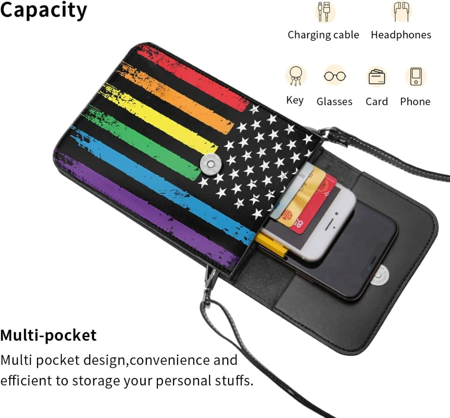 Pride Rainbow American Flag LGBT Leather Crossbody Cell Phone Purse Small Wallet Bags Adjustable Phone Bag for Women