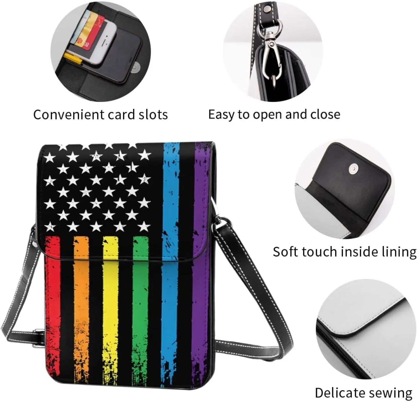 Pride Rainbow American Flag LGBT Leather Crossbody Cell Phone Purse Small Wallet Bags Adjustable Phone Bag for Women