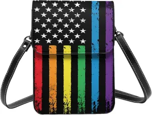 Pride Rainbow American Flag LGBT Leather Crossbody Cell Phone Purse Small Wallet Bags Adjustable Phone Bag for Women