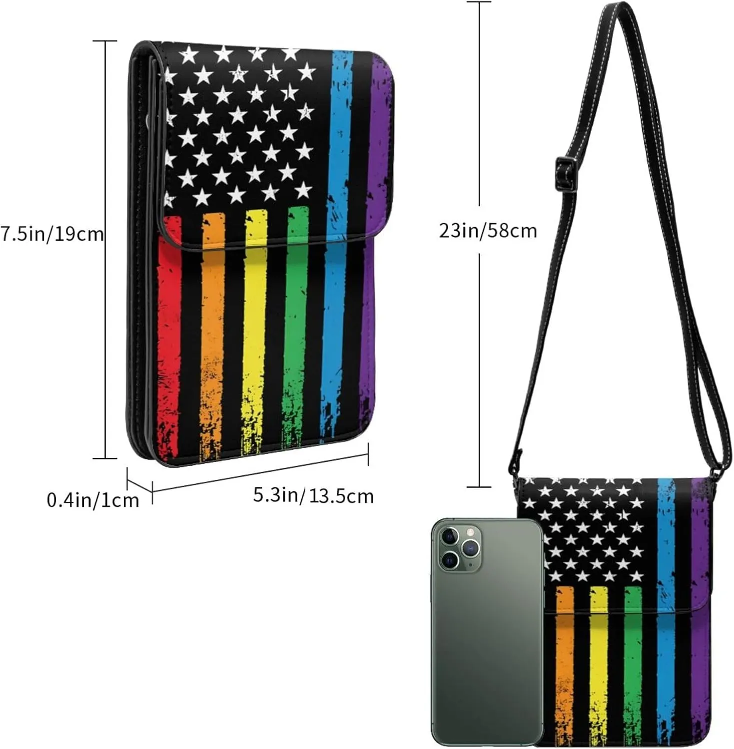 Pride Rainbow American Flag LGBT Leather Crossbody Cell Phone Purse Small Wallet Bags Adjustable Phone Bag for Women